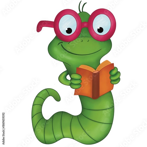 Tableau sur toile Bookworm wearing red glasses reading a book, whimsical green worm character for
