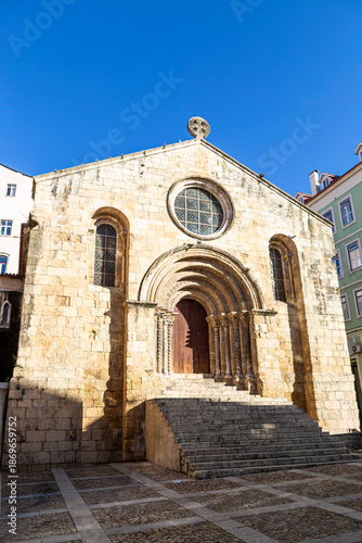 Romanesque facade and portal of the Church of Santiago from the 12th century, Coimbra, Portugal