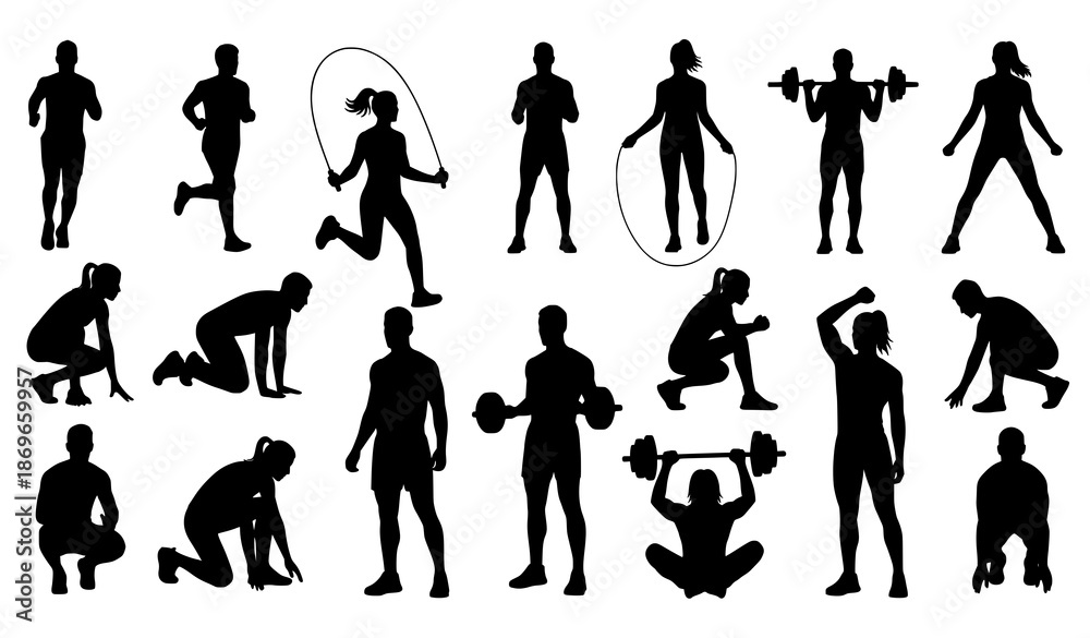 Fototapeta premium Gym Fitness People Workout Silhouette Vector Illustration Set