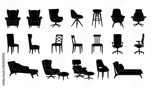Seating Furniture Chair Silhouette Flat Vector Illustration Set