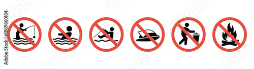 Set of no swimming no fishing no fire sign vector illustration, red prohibition icons for safety caution and activity restriction.