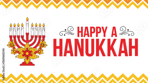 Red and yellow Hanukkah menorah with candles and Happy Hanukkah text