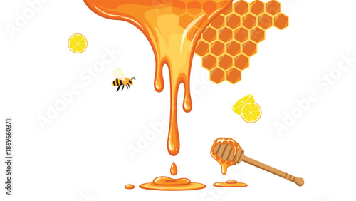 Vibrant illustration features golden honey dramatically dripping from a hexagon honeycomb, alongside a busy bee, a wooden dipper, and fresh lemon slices.