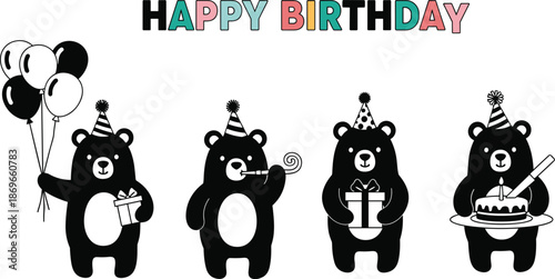 Four black and white bears celebrating birthday with balloons cake and gifts celebration