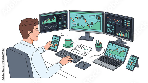 Energetic trader actively manages diverse financial charts and stock market data across multiple monitors, a laptop, and a smartphone at a busy desk.