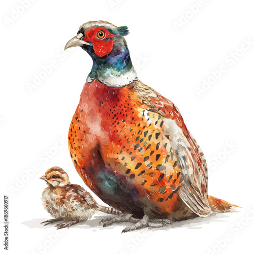 Watercolor vector illustration of Pheasant With Its Baby, isolated on white background.