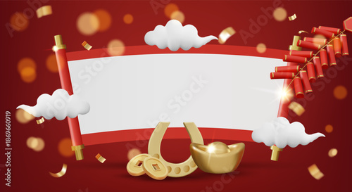 3D vector illustration of red scroll banner with firecrackers and gold horseshoe. Concept for chinese new year of the horse greeting background. Luxury and premium festive design template.