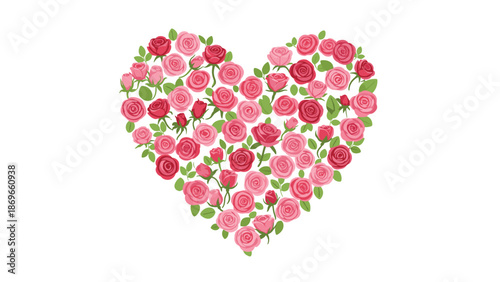 Beautiful heart-shaped arrangement formed entirely from a vibrant collection of pink and red roses, adorned with lush green leaves, symbolizing love.
