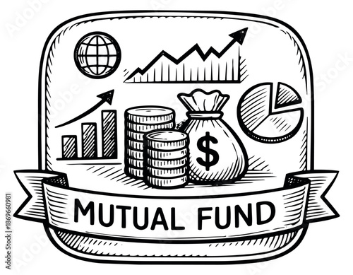 Hand drawn line art illustration of mutual fund concept depicting financial growth and global investment for economic topics