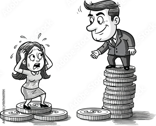 Man Standing on Coins with Woman Nearby.