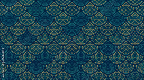 Intricate blue and gold geometric scale pattern with ornate filigree details, creating a luxurious decorative background texture.