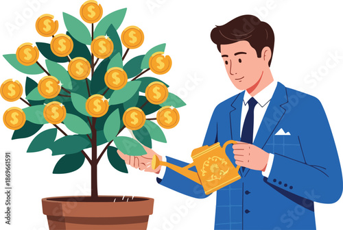Man watering money tree with golden coins.