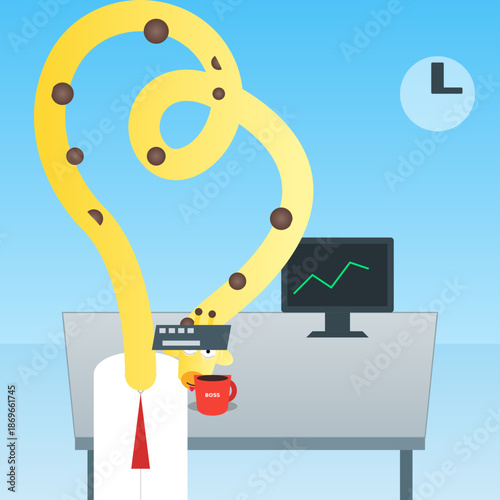Humorous illustration of a giraffe office worker with a long neck tangled in knots, drinking coffee at a desk with a computer monitor.