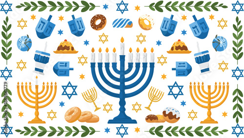 Colorful Hanukkah celebration with menorahs dreidels and traditional food blue gold