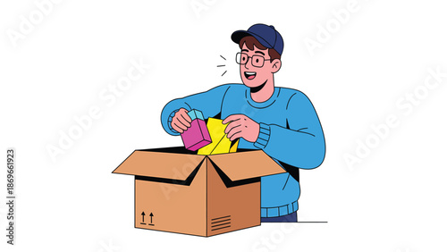 Excited Man Unpacking Delivery Box with Colorful Items