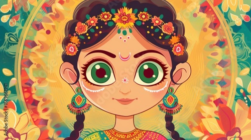 The image showcases a colorful illustration of a young girl with striking green eyes and a detailed traditional outfit that includes floral patterns and jewelry. Her hair is decorated with flowers,