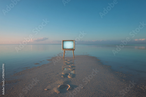 Retro Monitor Casing On Empty Sandbar At Blue Hour, Horizon Through Hollow Screen, Footprints And Ripples, Remote Pacific Atoll, Minimal Seascape, Conceptual Travel, Editorial Coastal Frame