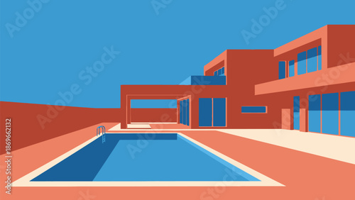 Vibrant Modern Architectural Illustration of a Contemporary House with a Swimming Pool