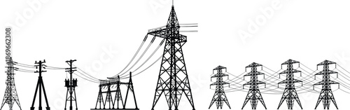 Electric power transmission tower silhouettes, high voltage pylons and utility poles isolated on white background, industrial electricity grid infrastructure