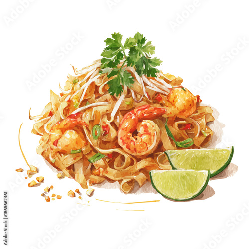 Watercolor illustration of Pad Thai, vector artwork, isolated on white background.