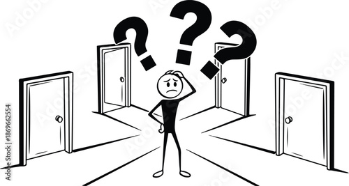 Man Confused with Multiple Doors Ahead.