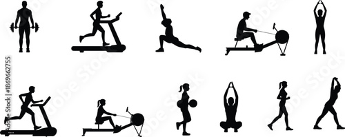 Fitness workout silhouette set, gym exercises and training activities, running rowing yoga strength poses, healthy lifestyle vector illustration