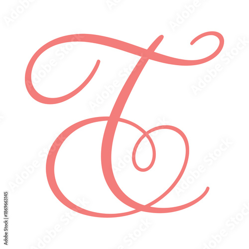 Large coral colored cursive letter t on white background