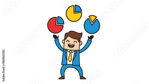 Businessman Juggling Colorful Pie Charts in Playful Illustration