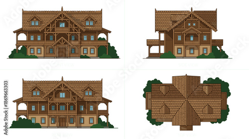 Architectural drawings showcasing multiple views of a grand, multi-story wooden lodge house with detailed exterior features.