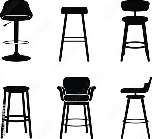Minimalist bar stool silhouettes set modern seating furniture collection flat vector illustration isolated on white background interior design