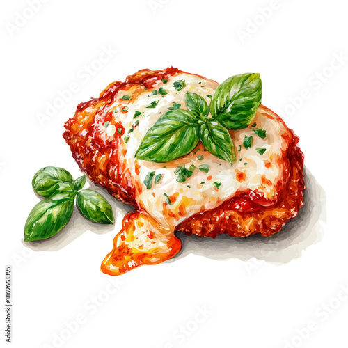 Chicken Parmigiana, watercolor illustration, vector style, isolated on a white background.