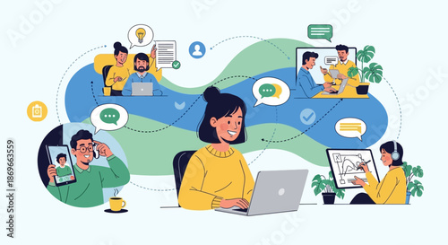 Remote team collaboration and communication concept with people working together online