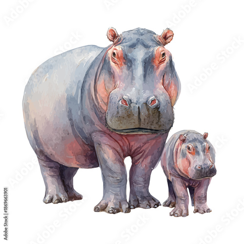 Fotografie Hippopotamus With Its Baby, watercolor painting, vector illustration, isolated on a white background