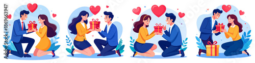 Set of Vector Illustrations of Couples Proposing, Romantic Love and Engagement Concept Depicting Special Moments and Relationships. Perfect for Valentine’s Day Posters, Romantic Banners, Web Design.