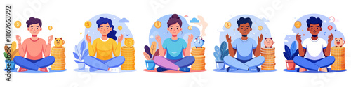 Set of Flat Vector Illustrations Showing People Sitting Calmly and Saving Money, Financial Wellness and Smart Investment Concept Depicting Budgeting, Wealth Growth and Personal Finance Management.