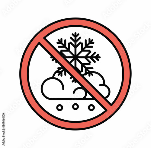 No snow warning sign, winter weather prohibition symbol, forbidden cold blizzard snowfall icon, vector illustration for climate safety alert.