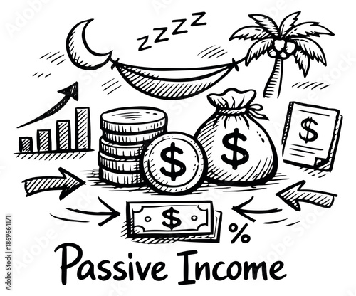Hand drawn passive income icons set featuring money, graph, hammock, and palm tree for financial independence