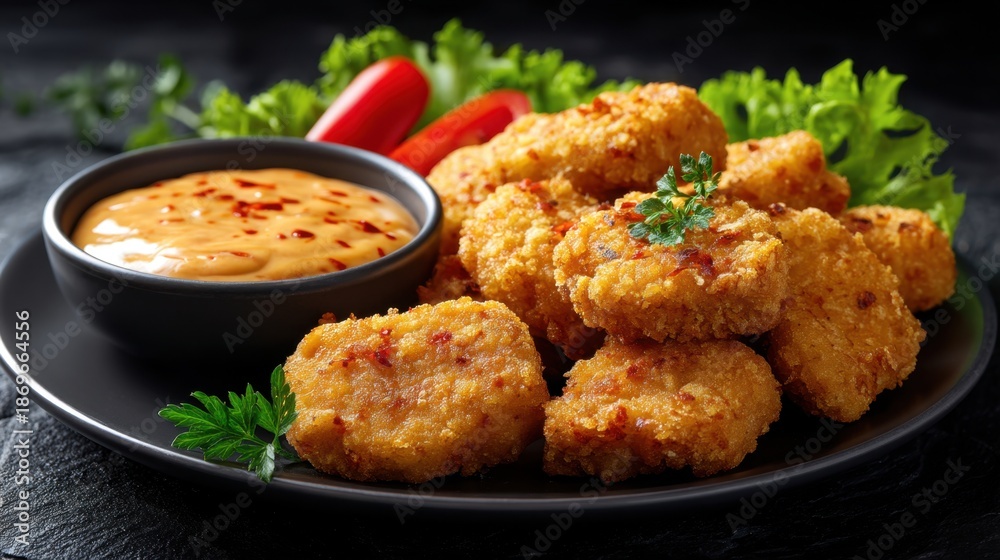 Fototapeta premium Plate of fried chicken with a dipping sauce and a side of green vegetables. The plate is set on a black table