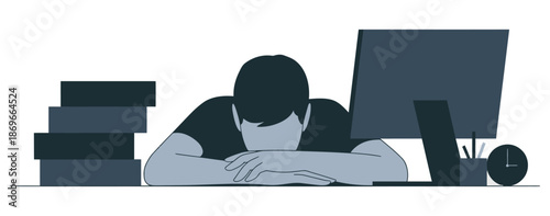 Overworked employee sleeps at desk beside computer showing burnout.