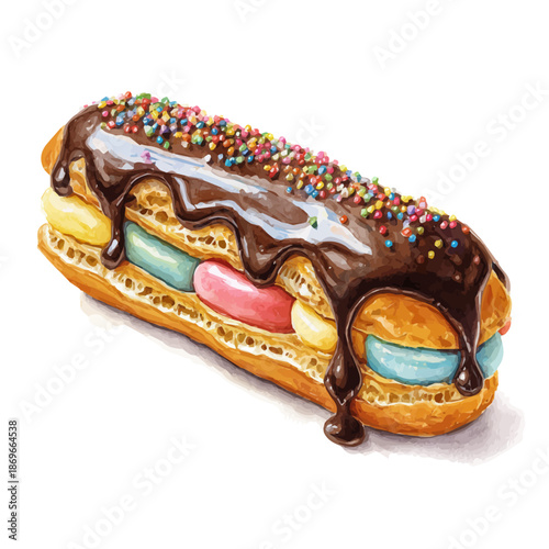 Eclair, watercolor illustration, vector style, isolated on a white background.