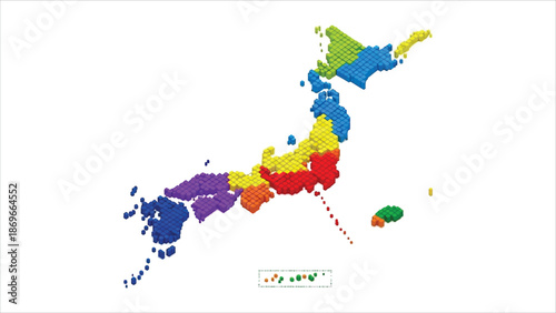 3D Cube Dot Map of Japan by Region – Vector Illustration.