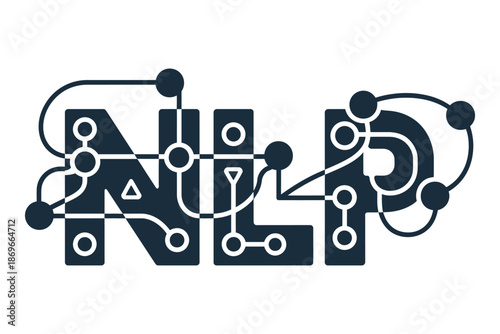 Abstract letters spelling NLP connect through circuit board nodes symbolizing.