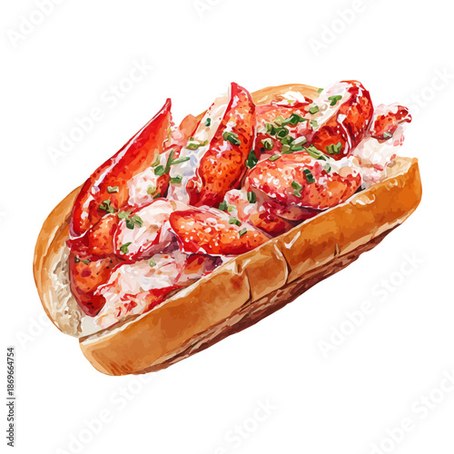 Watercolor painting of Lobster Roll, vector illustration, isolated on white background.