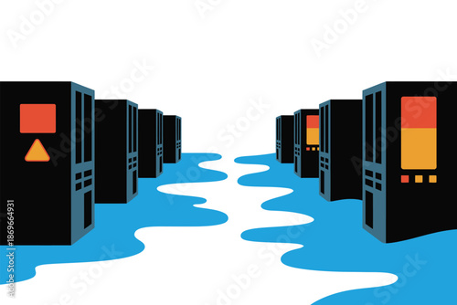 Server racks stand in rows partially submerged in rising blue water symbolizing.