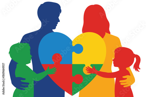 Family silhouettes embrace a large heart puzzle symbolizing love and connection.