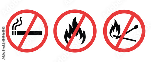 No smoking sign, red prohibition icon showing no open fire burning and no open flame, safety instruction warning signage.