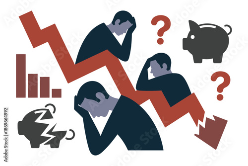 Stressed businessmen react to falling financial charts and broken piggy banks.