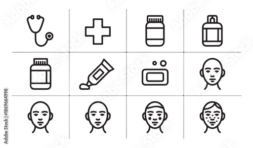 Medical and skincare outline icons set on white background for health and beauty products