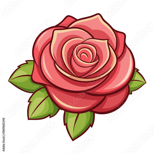Vibrant pink rose with lush green leaves on white background