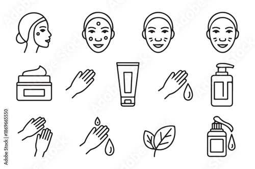 Beauty routine and skin treatment icons facial mask cream application hands moisturizing vector set